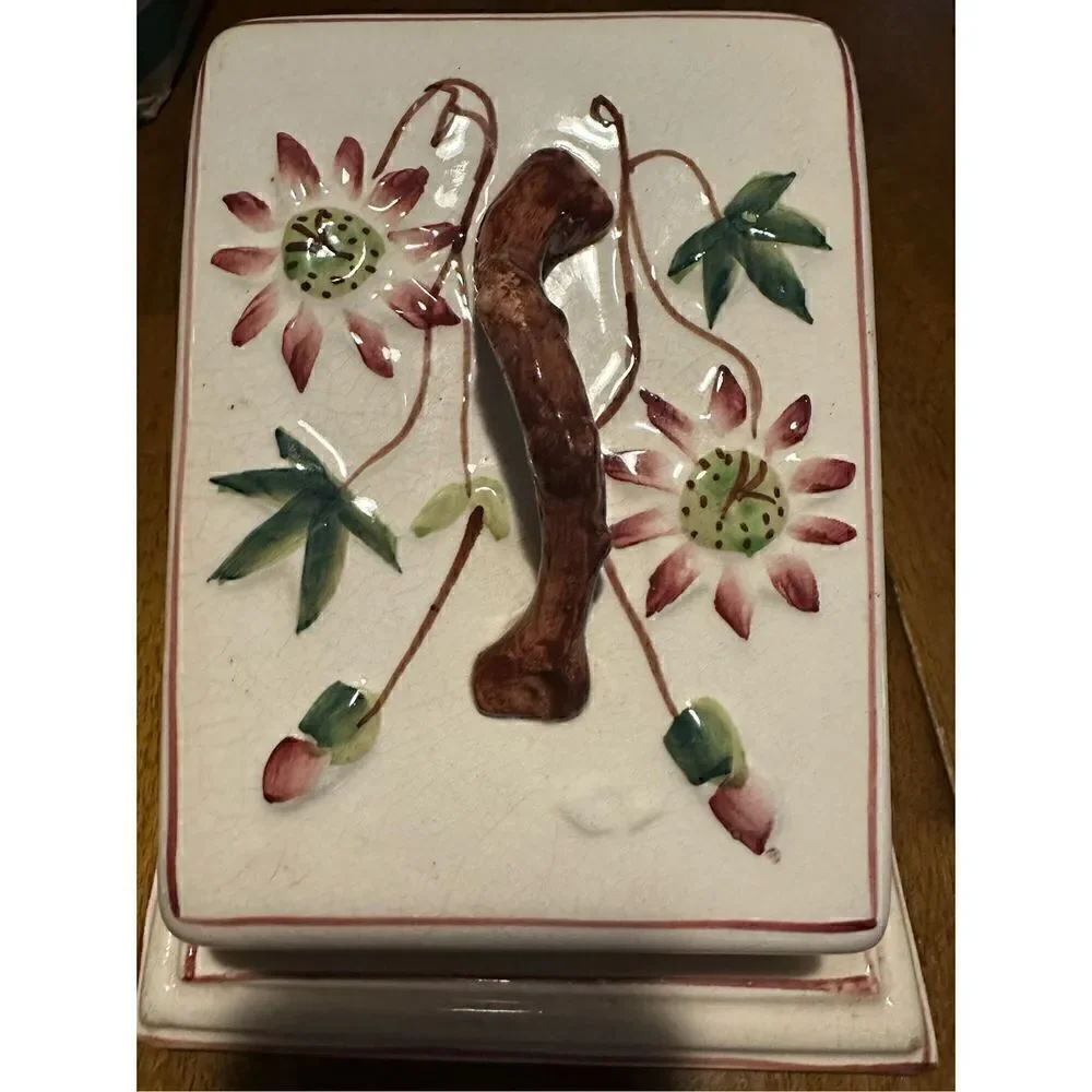 Vintage Glazed Pottery Lidded Cheese Server Cream Floral Pattern Large Keeper